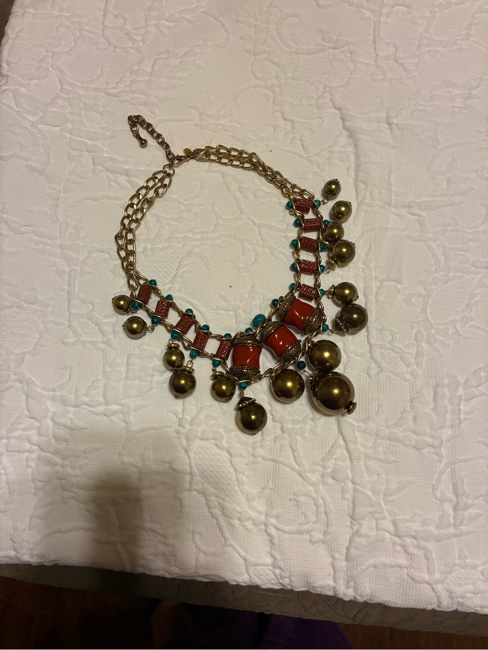Chico’s Bold Turquoise and Coral Statement Necklace - Gold Toned Beaded Collar - Picture 2 of 2